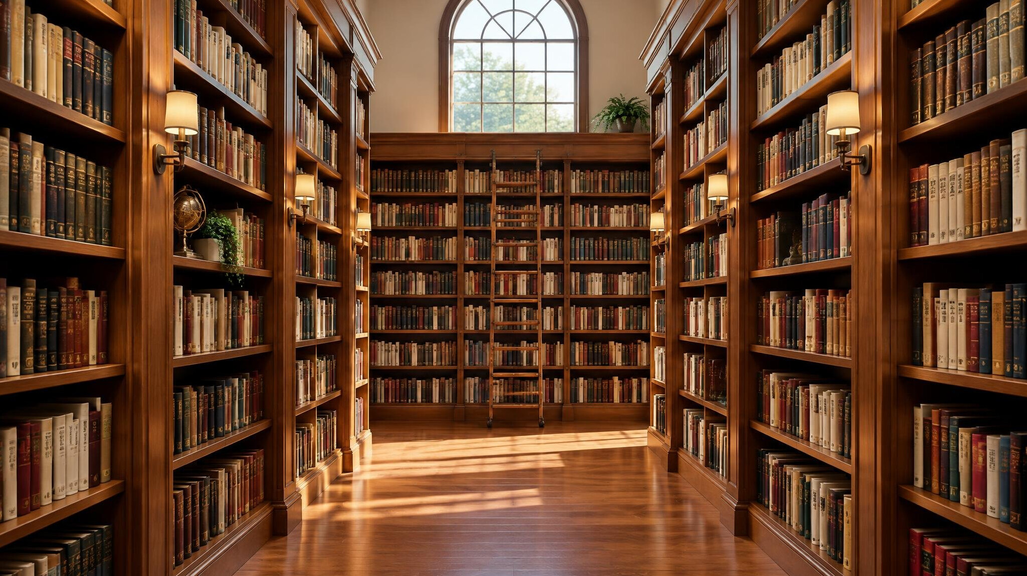 Tall library bookshelves filled with books