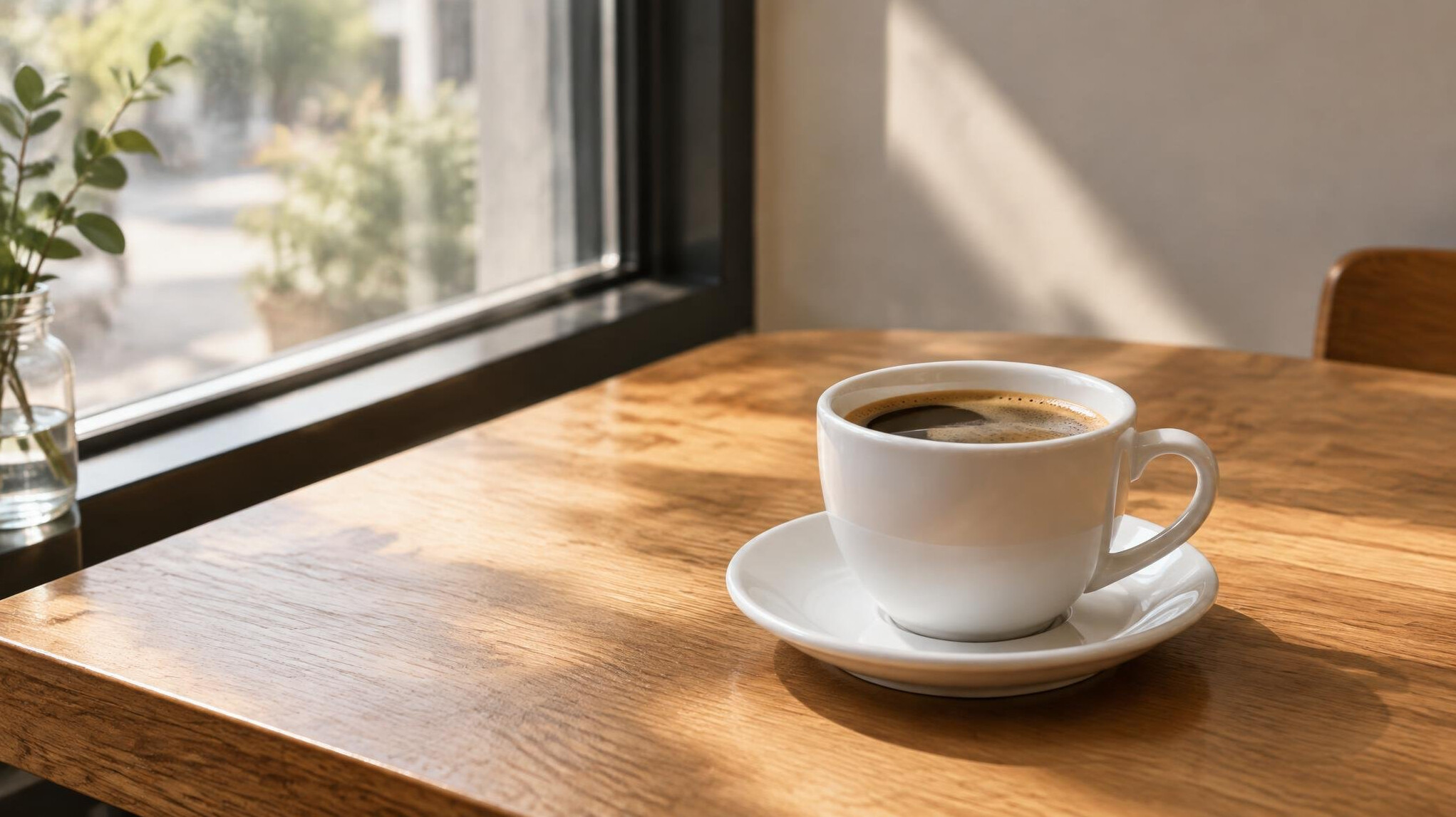 Cup of coffee on a wooden table near a window