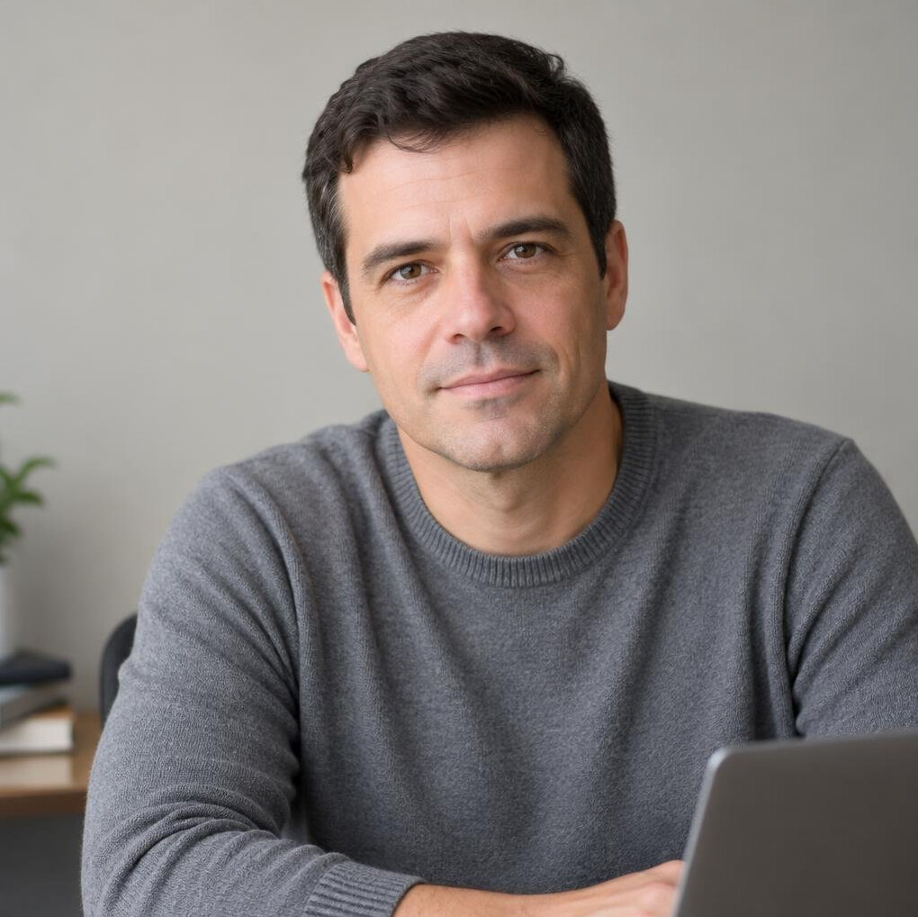 Portrait of a man with short hair and a calm expression