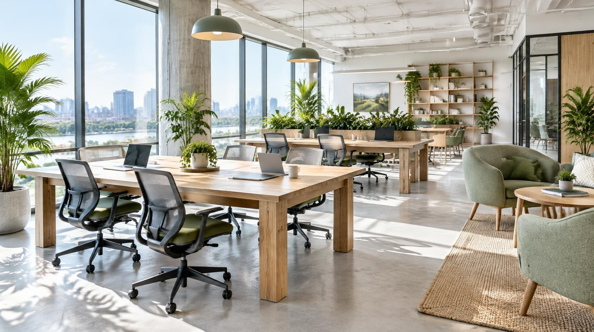 Bright modern office with large windows and plants